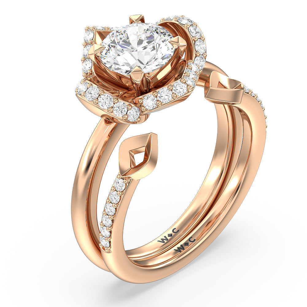Begonia Bloom Diamond Wedding Band with 18KT Rose Gold Cut Diamond in 14KT Rose Gold view 3
