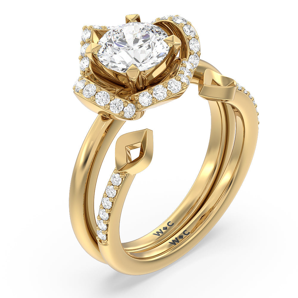 Begonia Bloom Diamond Wedding Band with 18KT Yellow Gold Cut Diamond in 14KT Yellow Gold view 3
