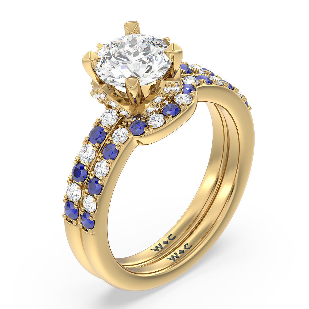 Something Blue Delphinium Hidden Accent Diamond Wedding Band with 18KT Yellow Gold Cut Diamond in 14KT Yellow Gold view 3
