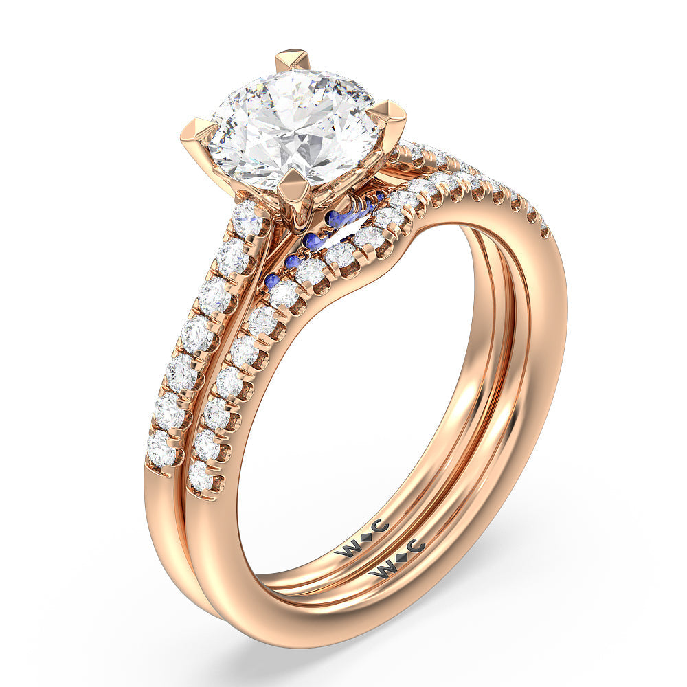 Something Blue Azure Blue Sapphire Hidden Accent Diamond Wedding Band with 18KT Rose Gold Cut Diamond in 14KT Rose Gold view 3

