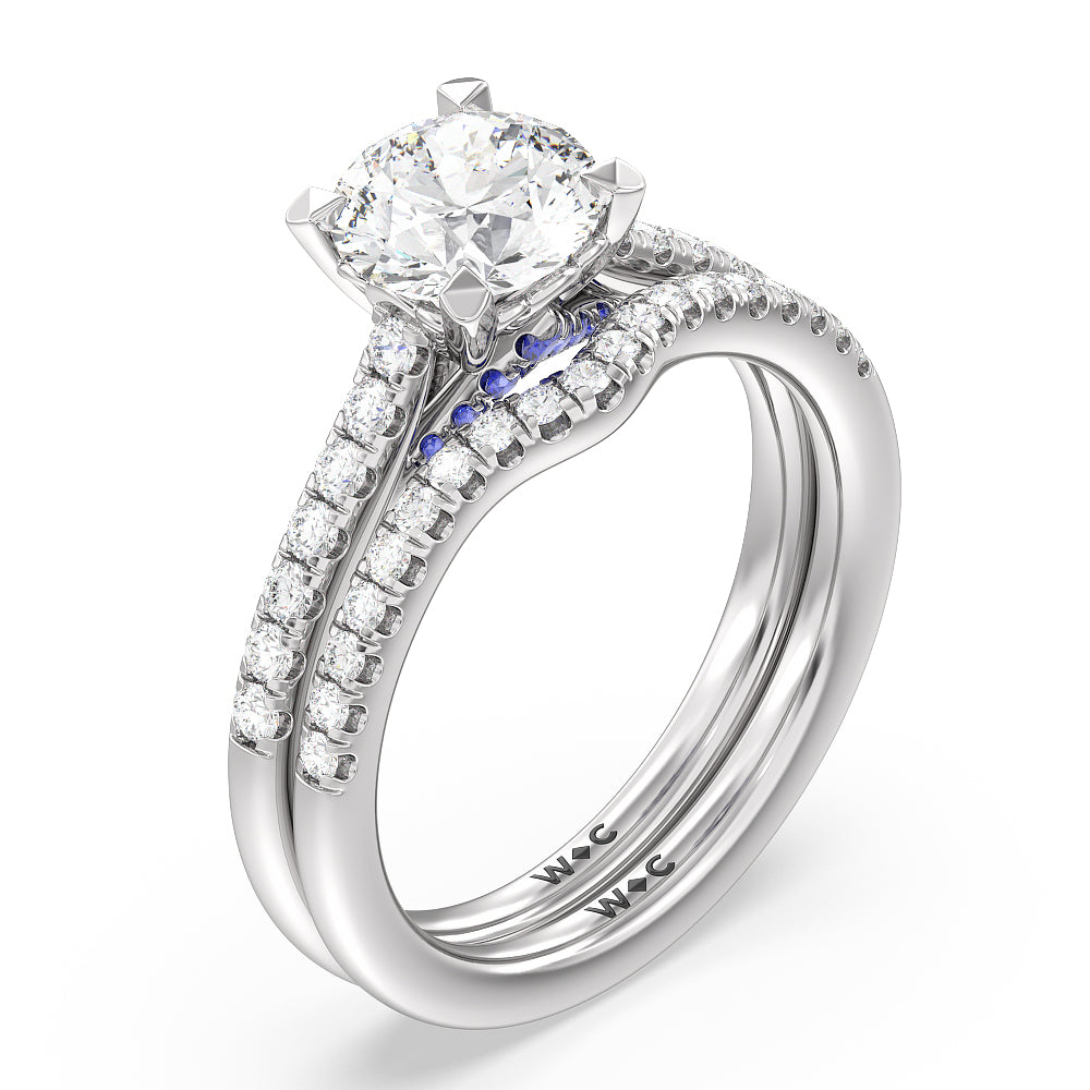 Something Blue Azure Blue Sapphire Hidden Accent Diamond Wedding Band with Platinum Cut Diamond in 14KT Platinum view 3
