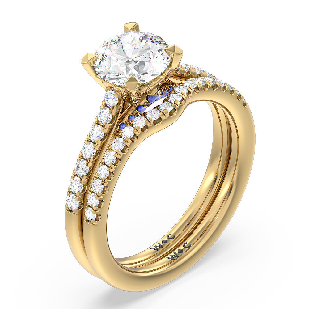 Something Blue Azure Blue Sapphire Hidden Accent Diamond Wedding Band with 18KT Yellow Gold Cut Diamond in 14KT Yellow Gold view 3
