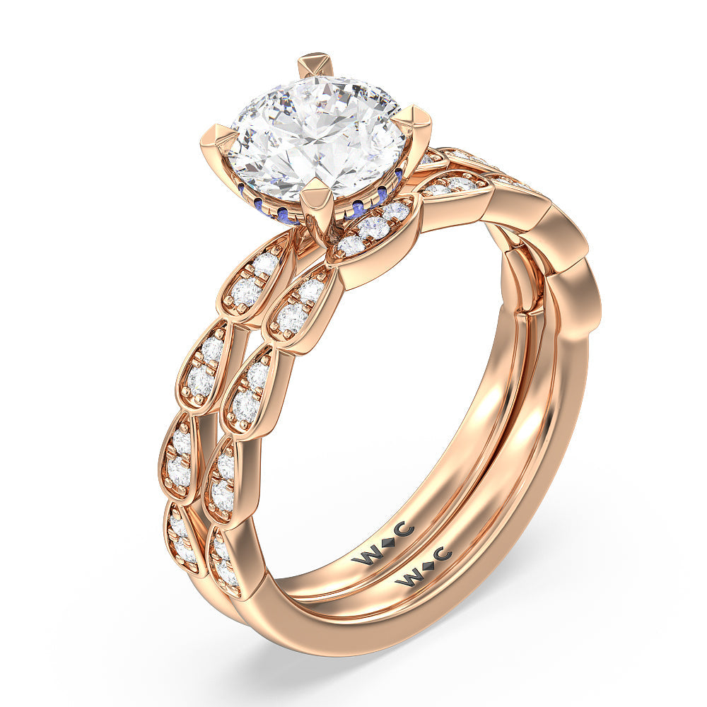 Something Blue Forget-Me-Not Hidden Halo Diamond Wedding Band with 18KT Rose Gold Cut Diamond in 14KT Rose Gold view 3
