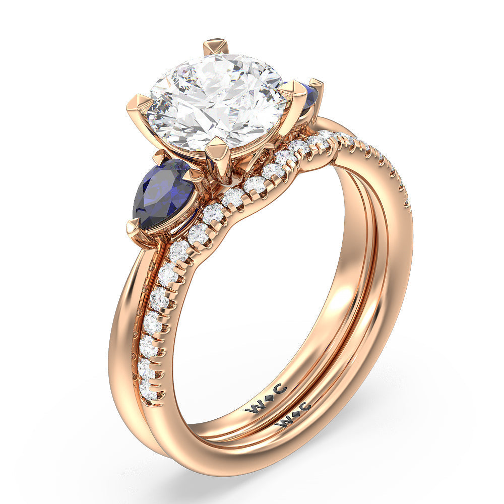 Something Blue Iris Three Stone Diamond Wedding Band with 18KT Rose Gold Cut Diamond in 14KT Rose Gold view 3

