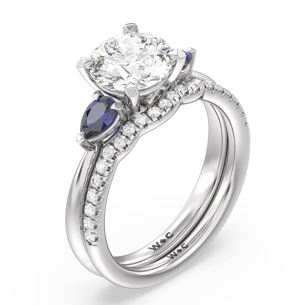 Something Blue Iris Three Stone Diamond Wedding Band with Platinum Cut Diamond in 14KT Platinum view 3

