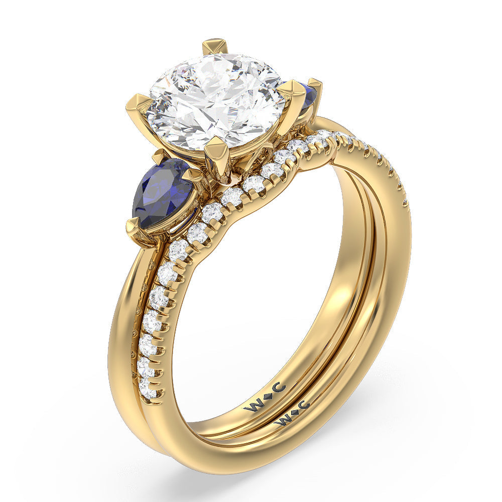 Something Blue Iris Three Stone Diamond Wedding Band with 18KT Yellow Gold Cut Diamond in 14KT Yellow Gold view 3
