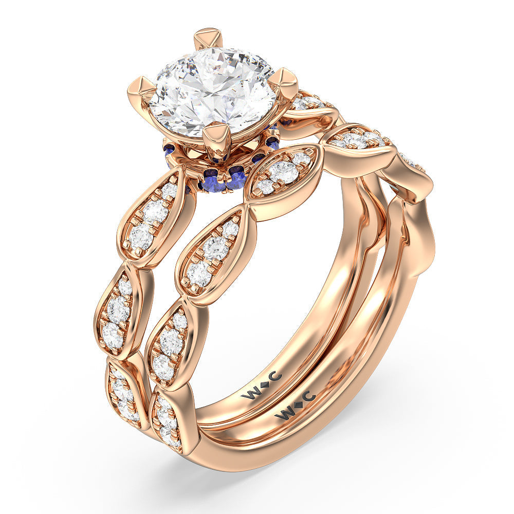 Something Blue Gerbera Under Halo Diamond Wedding Band with 18KT Rose Gold Cut Diamond in 14KT Rose Gold view 3
