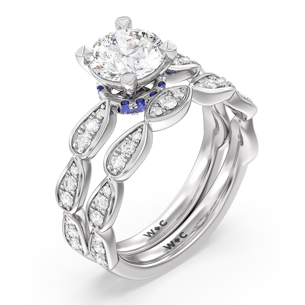 Something Blue Gerbera Under Halo Diamond Wedding Band with Platinum Cut Diamond in 14KT Platinum view 3
