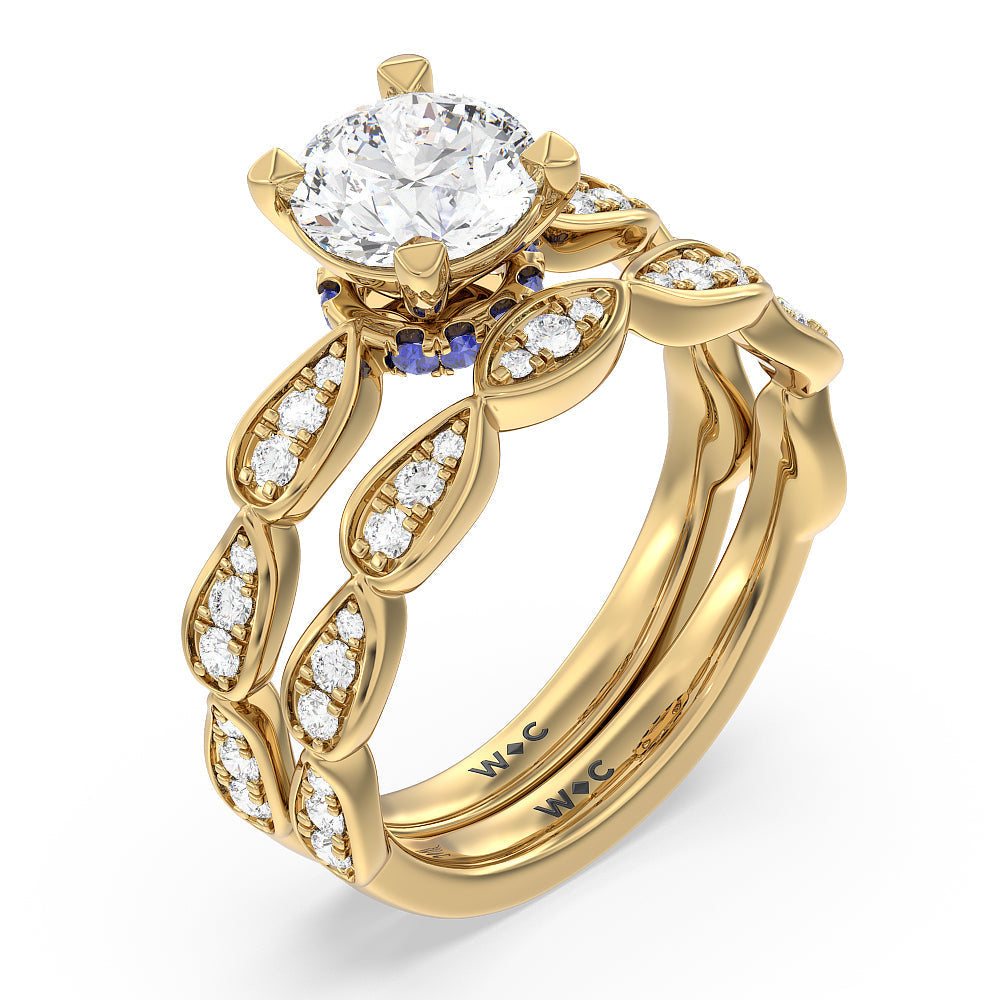 Something Blue Gerbera Under Halo Diamond Wedding Band with 18KT Yellow Gold Cut Diamond in 14KT Yellow Gold view 3
