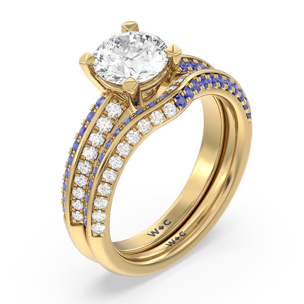 Something Blue Muscari Bloom Knife Edge Diamond Wedding Band with 18KT Yellow Gold Cut Diamond in 14KT Yellow Gold view 3
