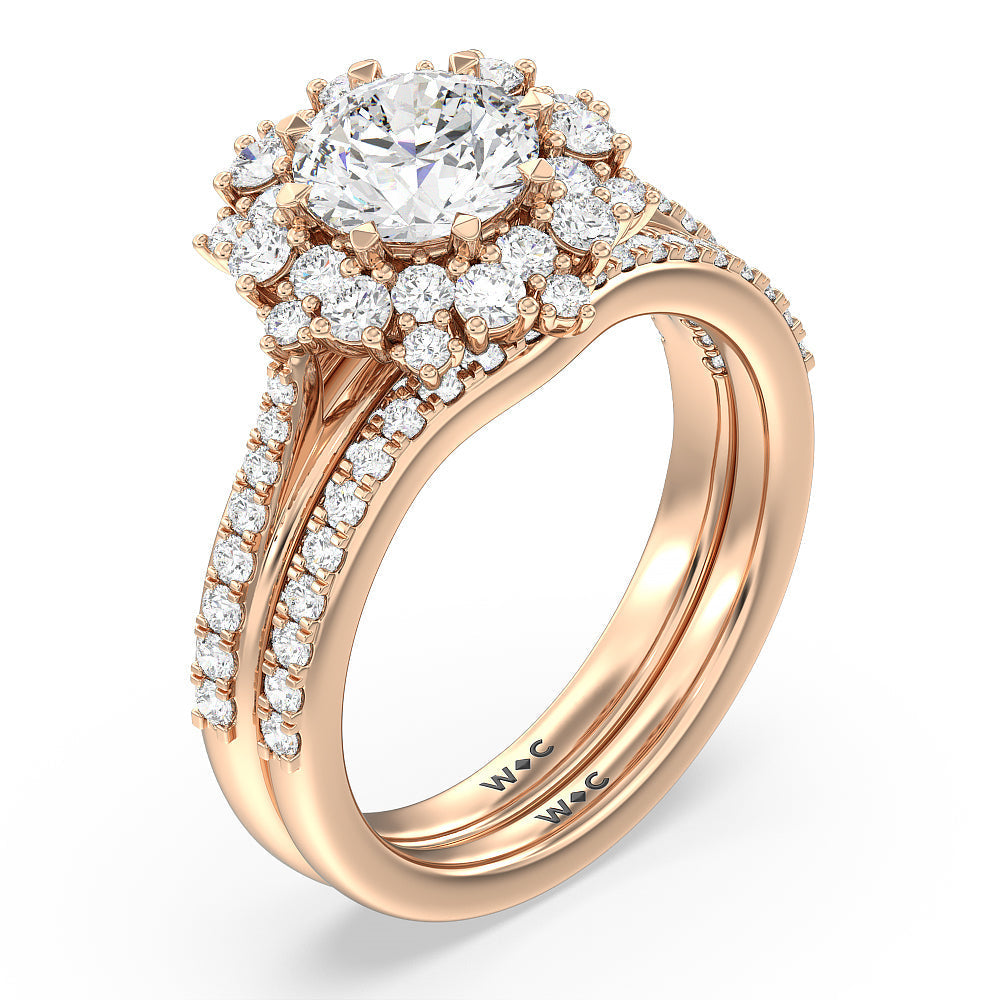 Something Blue Hydrangea Bloom Halo Diamond Wedding Band with 18KT Rose Gold Cut Diamond in 14KT Rose Gold view 3
