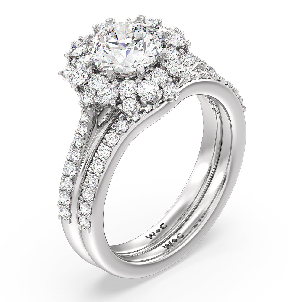 Something Blue Hydrangea Bloom Halo Diamond Wedding Band with Platinum Cut Diamond in 14KT Platinum view 3
