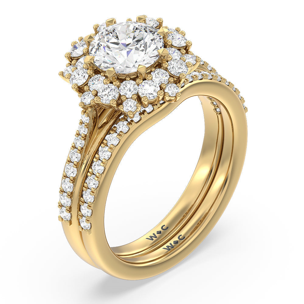 Something Blue Hydrangea Bloom Halo Diamond Wedding Band with 18KT Yellow Gold Cut Diamond in 14KT Yellow Gold view 3
