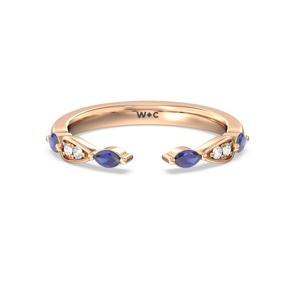 Something Blue Gerbera Marquise Created Blue Sapphire and Diamond Wedding Band with 18KT Rose Gold Cut Diamond in 14KT Rose Gold view 1
