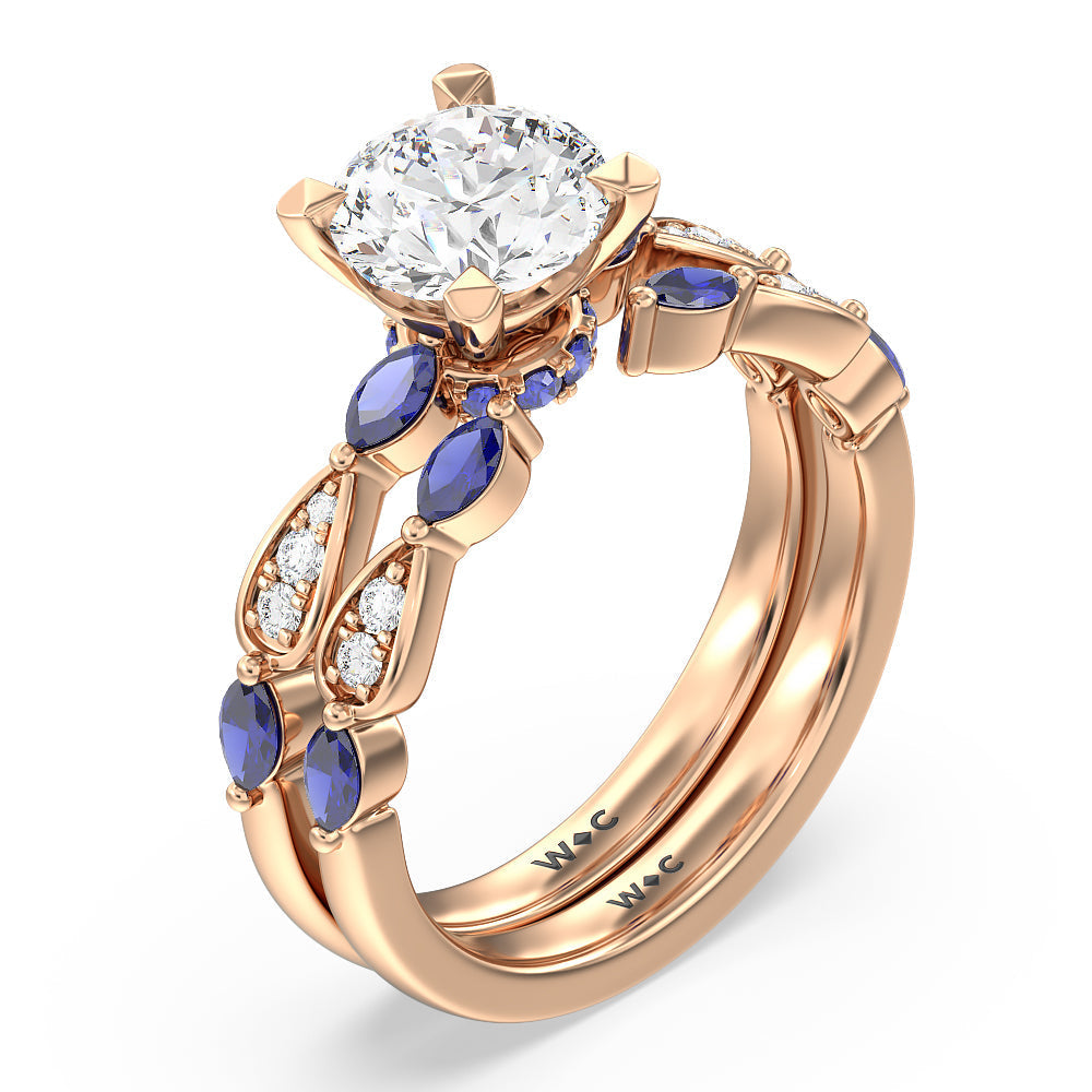 Something Blue Gerbera Marquise Created Blue Sapphire and Diamond Wedding Band with 18KT Rose Gold Cut Diamond in 14KT Rose Gold view 3
