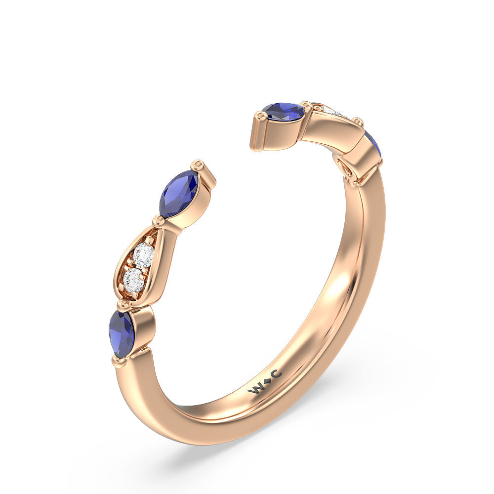 Something Blue Gerbera Marquise Created Blue Sapphire and Diamond Wedding Band with 18KT Rose Gold Cut Diamond in 14KT Rose Gold view 4
