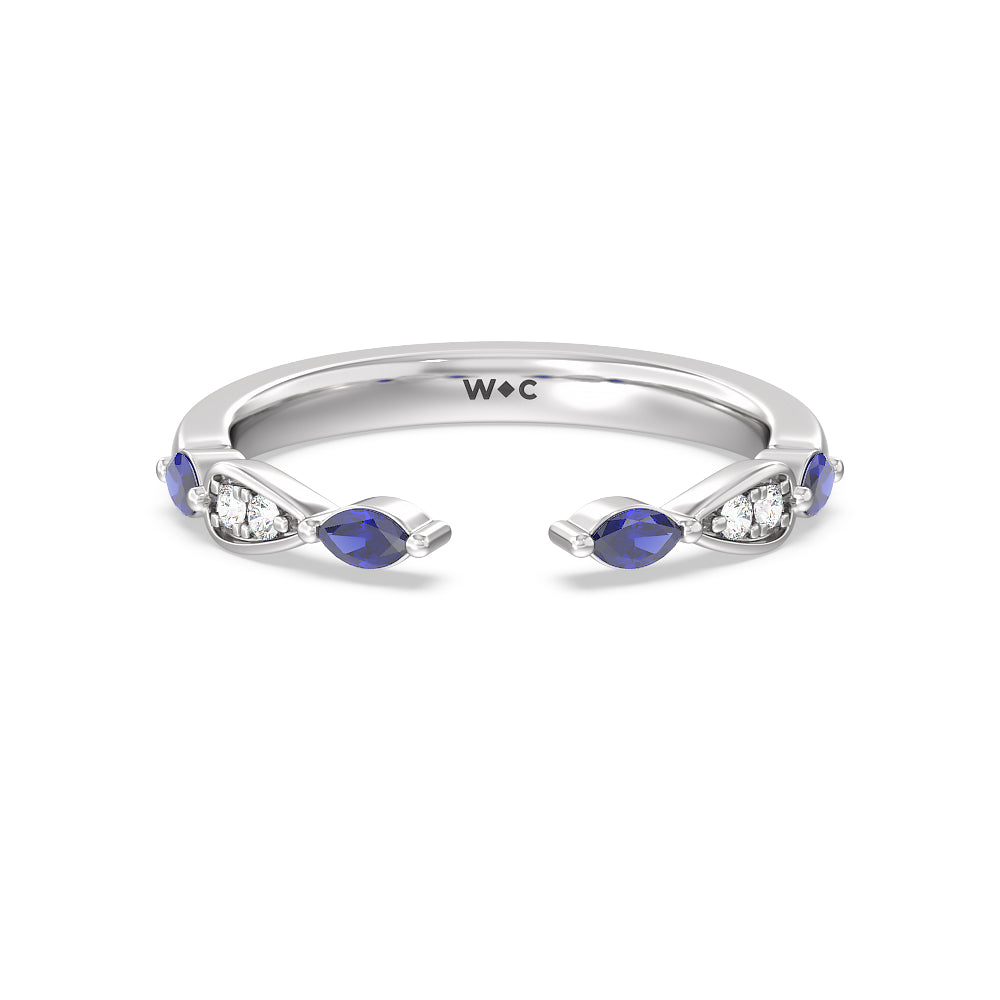 Something Blue Gerbera Marquise Created Blue Sapphire and Diamond Wedding Band with Platinum Cut Diamond in 14KT Platinum view 1
