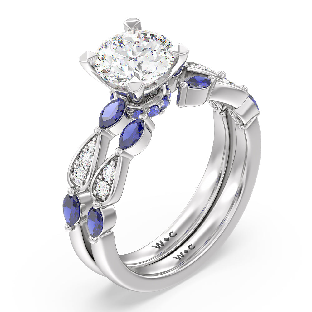 Something Blue Gerbera Marquise Created Blue Sapphire and Diamond Wedding Band with Platinum Cut Diamond in 14KT Platinum view 3
