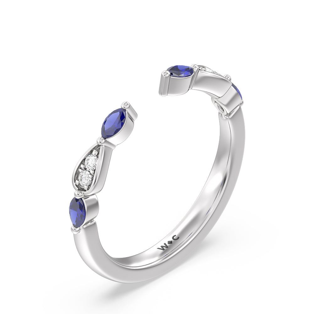 Something Blue Gerbera Marquise Created Blue Sapphire and Diamond Wedding Band with Platinum Cut Diamond in 14KT Platinum view 4
