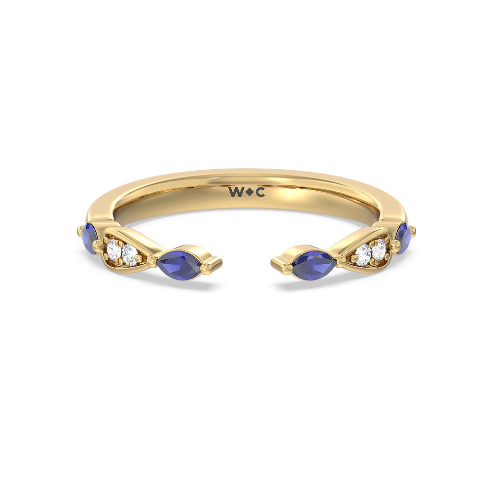 Something Blue Gerbera Marquise Created Blue Sapphire and Diamond Wedding Band with 18KT Yellow Gold Cut Diamond in 14KT Yellow Gold view 1
