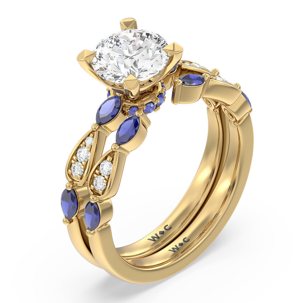Something Blue Gerbera Marquise Created Blue Sapphire and Diamond Wedding Band with 18KT Yellow Gold Cut Diamond in 14KT Yellow Gold view 3
