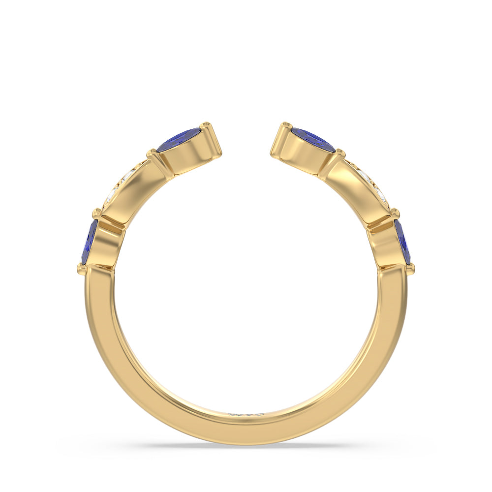 Something Blue Gerbera Marquise Created Blue Sapphire and Diamond Wedding Band with 18KT Yellow Gold Cut Diamond in 14KT Yellow Gold view 2
