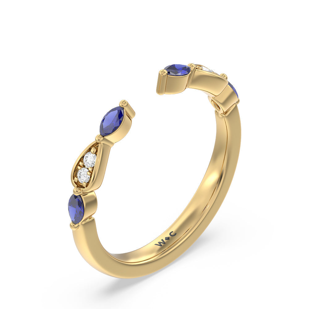 Something Blue Gerbera Marquise Created Blue Sapphire and Diamond Wedding Band with 18KT Yellow Gold Cut Diamond in 14KT Yellow Gold view 4
