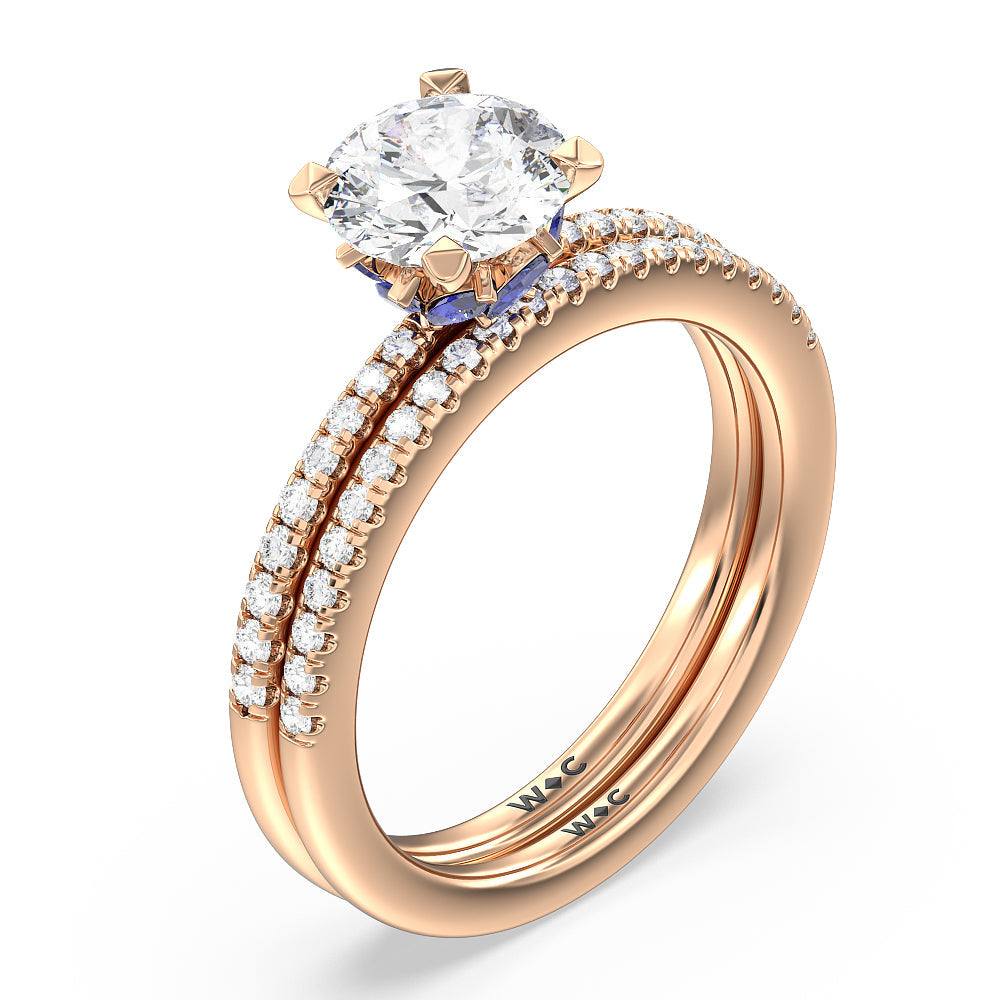 Something Blue Periwinkle Under Halo Diamond Wedding Band with 18KT Rose Gold Cut Diamond in 14KT Rose Gold view 3
