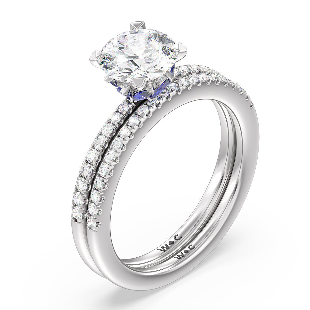 Something Blue Periwinkle Under Halo Diamond Wedding Band with Platinum Cut Diamond in 14KT Platinum view 3
