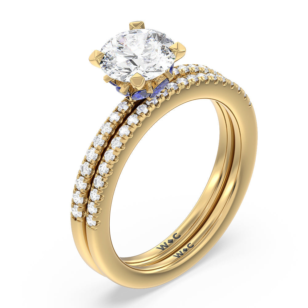 Something Blue Periwinkle Under Halo Diamond Wedding Band with 18KT Yellow Gold Cut Diamond in 14KT Yellow Gold view 3
