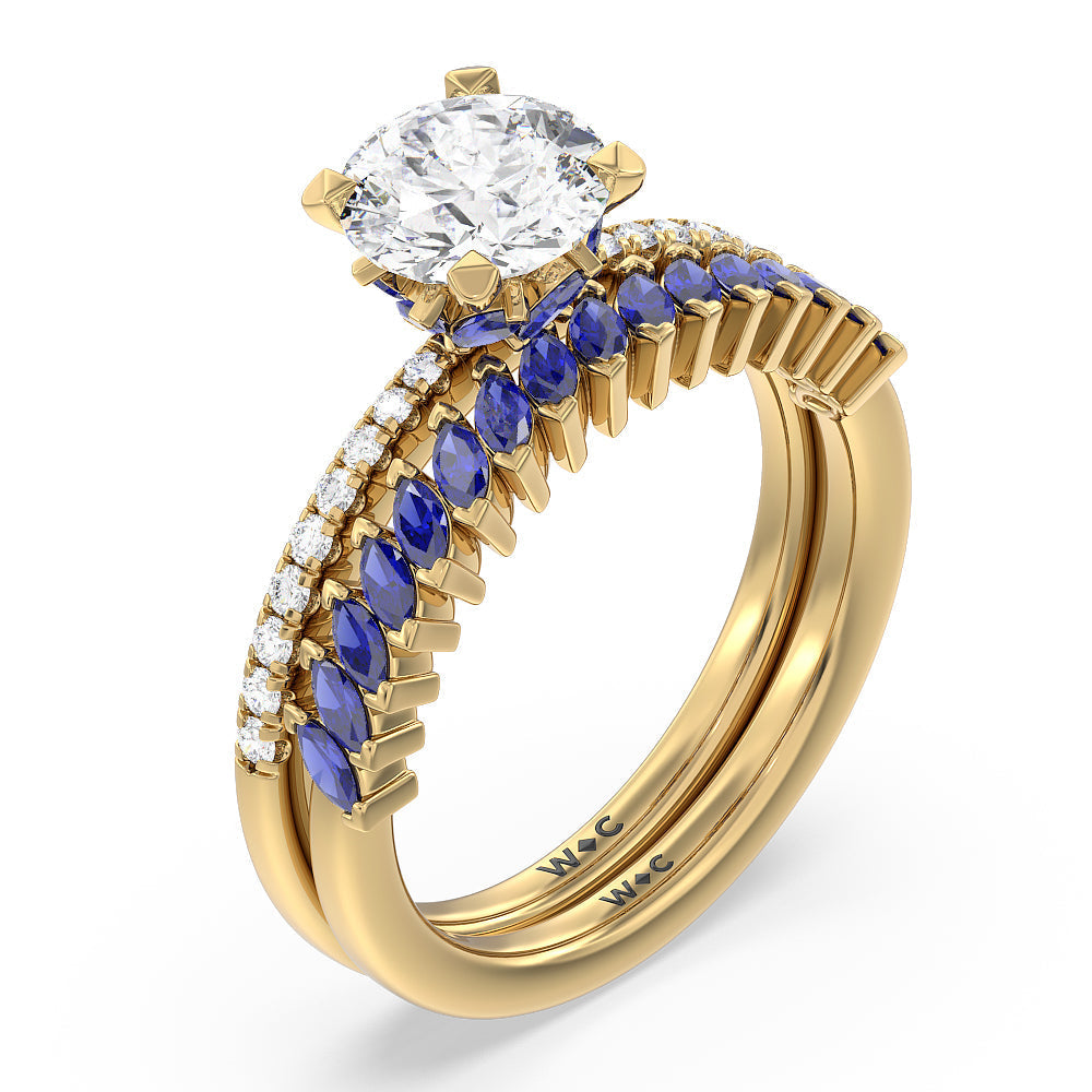 Something Blue Periwinkle Under Halo Created Blue Sapphire Wedding Band with 18KT Yellow Gold Cut Diamond in 14KT Yellow Gold view 3
