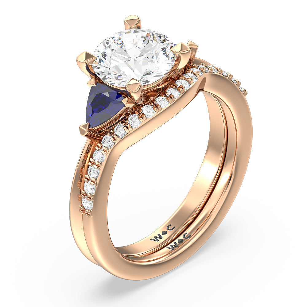 Something Blue Knife Edge Trillion Diamond Curved Wedding Band with 18KT Rose Gold Cut Diamond in 14KT Rose Gold view 3
