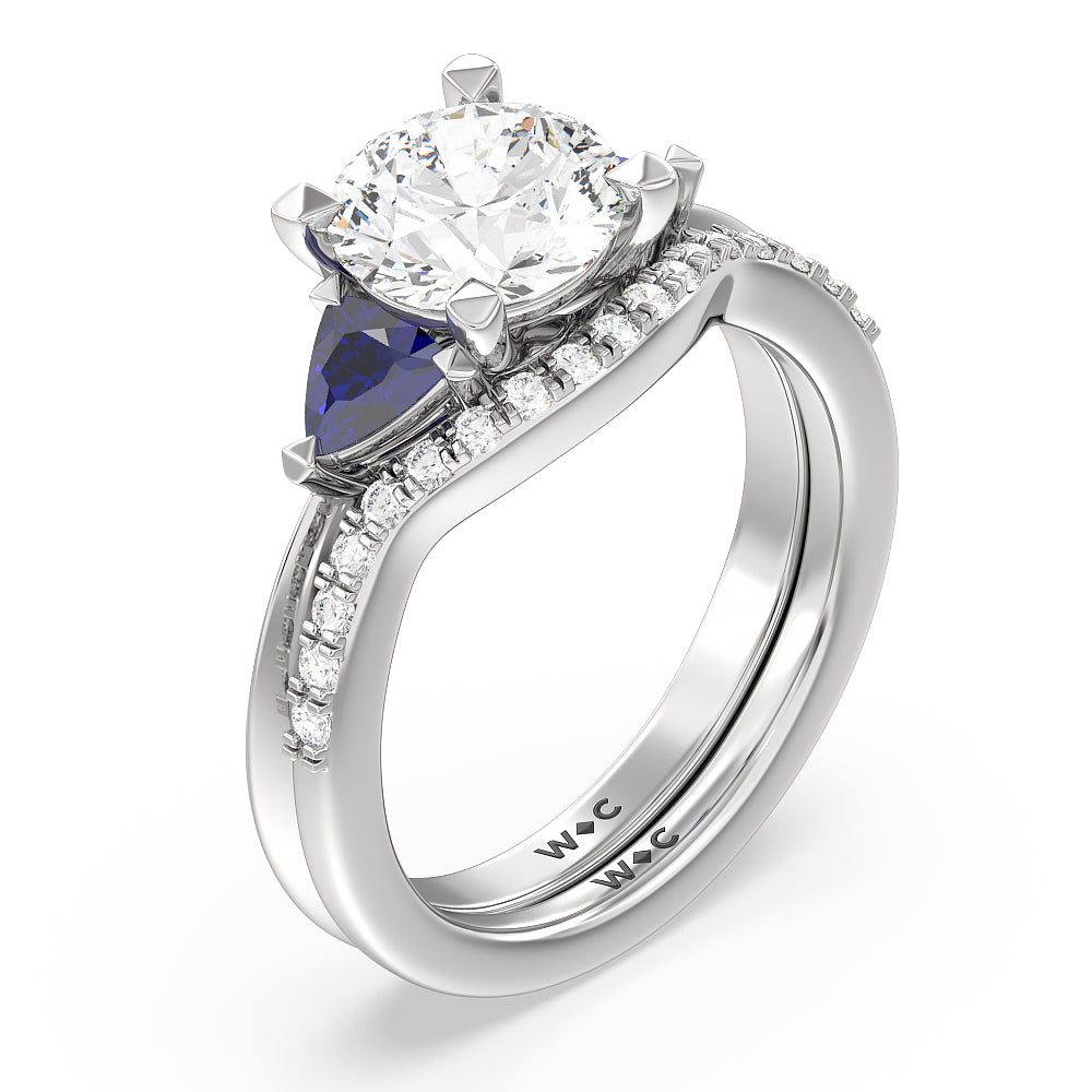 Something Blue Knife Edge Trillion Diamond Curved Wedding Band with Platinum Cut Diamond in 14KT Platinum view 3

