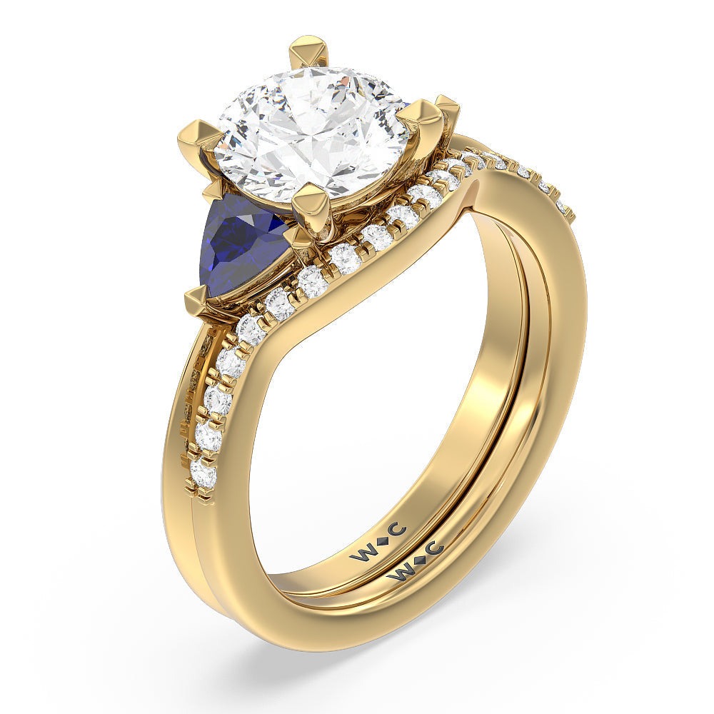 Something Blue Knife Edge Trillion Diamond Curved Wedding Band with 18KT Yellow Gold Cut Diamond in 14KT Yellow Gold view 3

