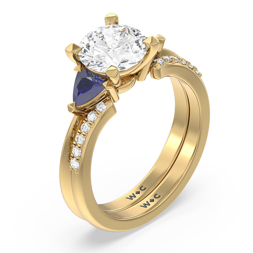 Something Blue Knife Edge Trillion Diamond Cuff Wedding Band with 18KT Yellow Gold Cut Diamond in 14KT Yellow Gold view 3
