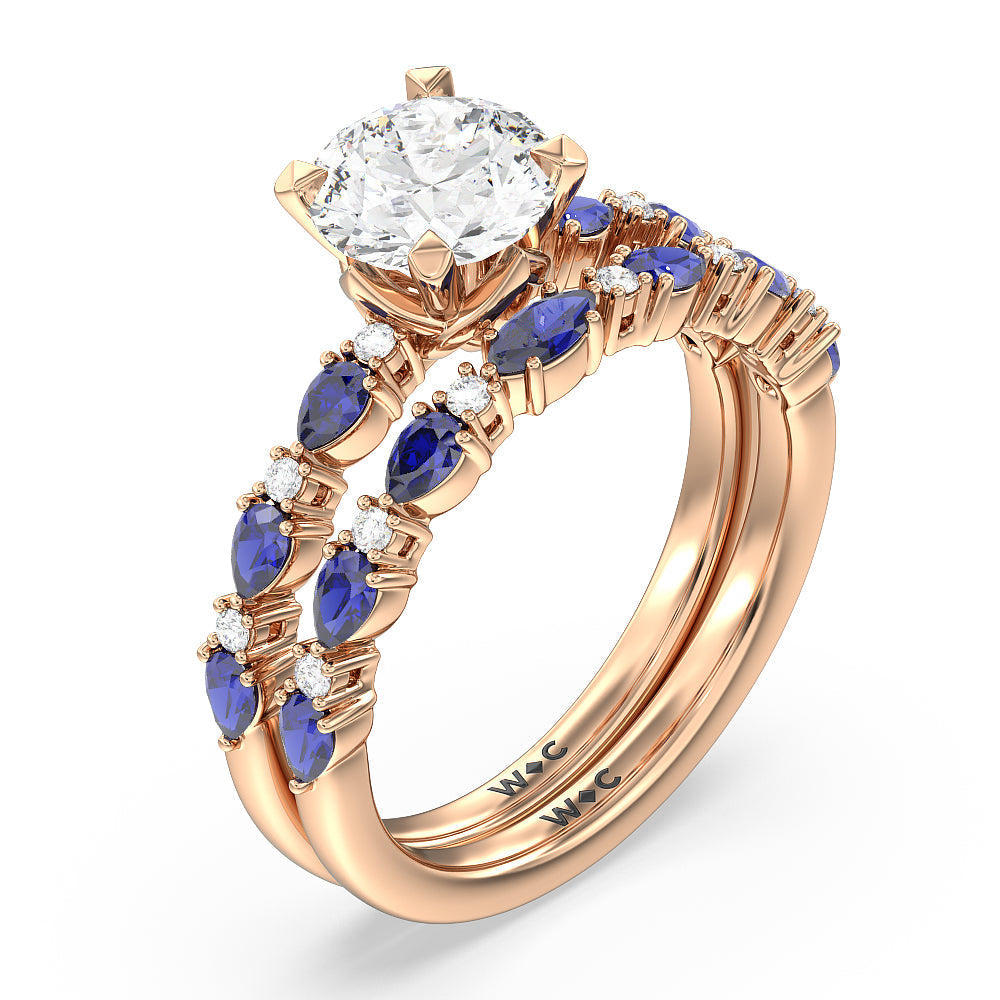 Something Blue Anemone Floral Basket Diamond Wedding Band with 18KT Rose Gold Cut Diamond in 14KT Rose Gold view 3
