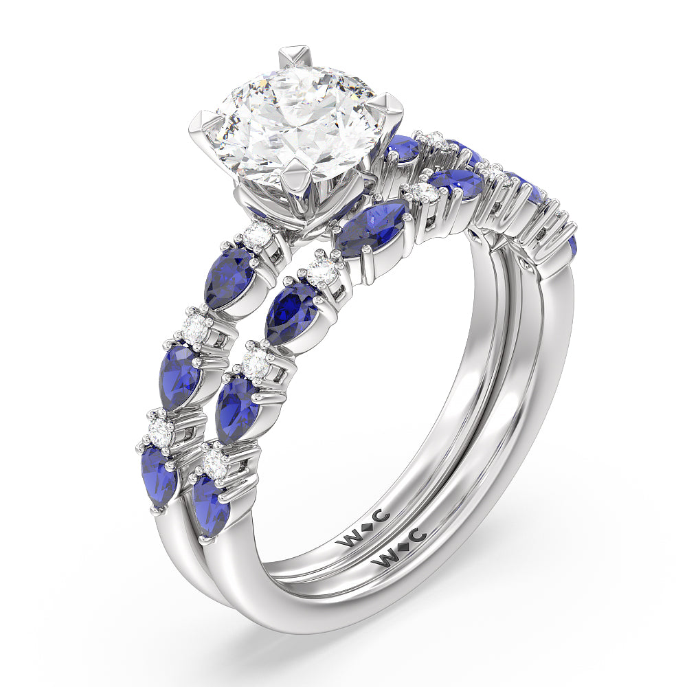 Something Blue Anemone Floral Basket Diamond Wedding Band with Platinum Cut Diamond in 14KT Platinum view 3
