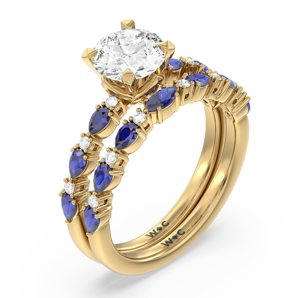 Something Blue Anemone Floral Basket Diamond Wedding Band with 18KT Yellow Gold Cut Diamond in 14KT Yellow Gold view 3
