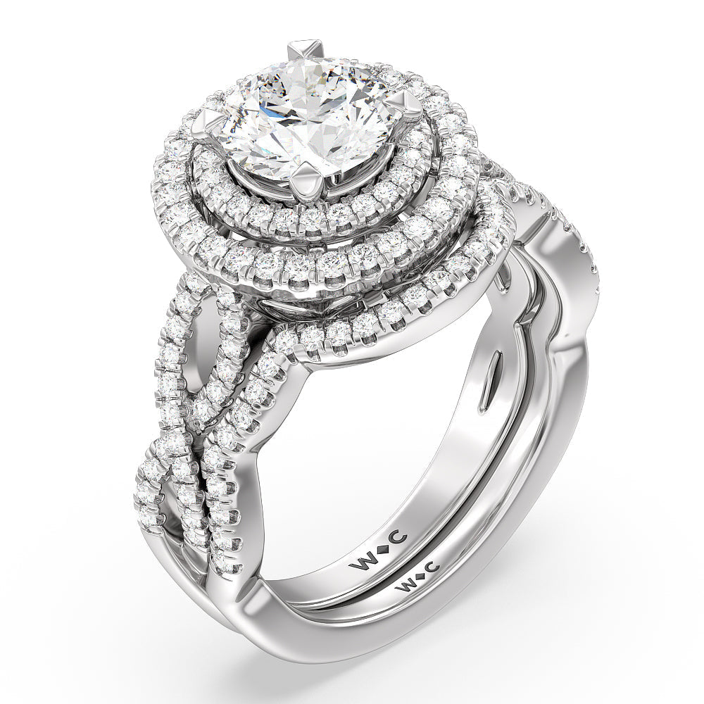 Double Halo Cross Diamond Wedding Band with Platinum Cut Diamond in 14KT Platinum view 3
