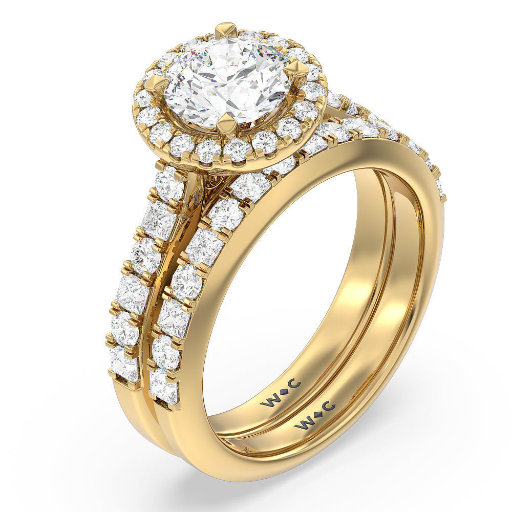 Contemporary Halo Diamond Wedding Band with 18KT Yellow Gold Cut Diamond in 14KT Yellow Gold view 3
