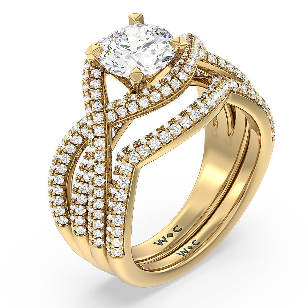 Three Row Cross Diamond Wedding Band with 18KT Yellow Gold Cut Diamond in 14KT Yellow Gold view 3
