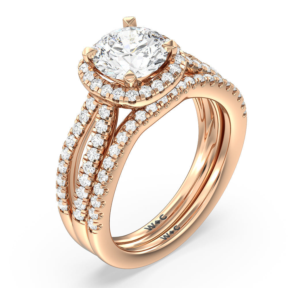 Split Pave Shank Halo Diamond Wedding Band with 18KT Rose Gold Cut Diamond in 14KT Rose Gold view 3
