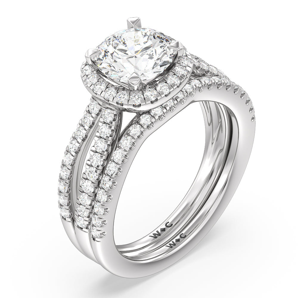 Split Pave Shank Halo Diamond Wedding Band with Platinum Cut Diamond in 14KT Platinum view 3
