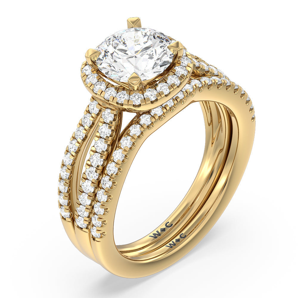 Split Pave Shank Halo Diamond Wedding Band with 18KT Yellow Gold Cut Diamond in 14KT Yellow Gold view 3
