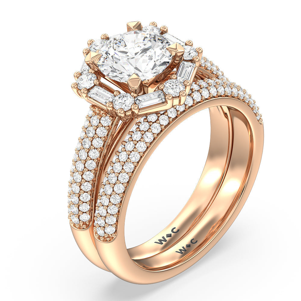 Baguette Halo Diamond Wedding Band with 18KT Rose Gold Cut Diamond in 14KT Rose Gold view 3
