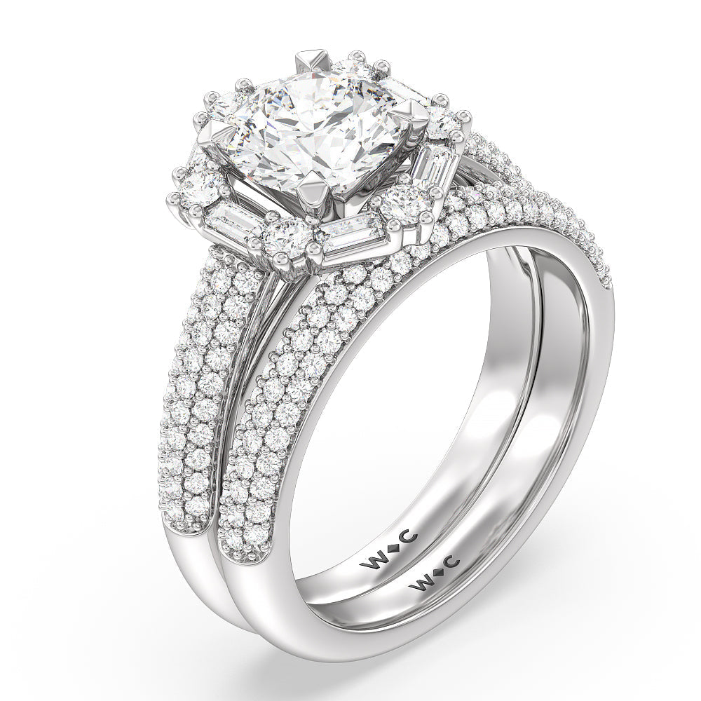 Baguette Halo Diamond Wedding Band with Platinum Cut Diamond in 14KT Platinum view 3
