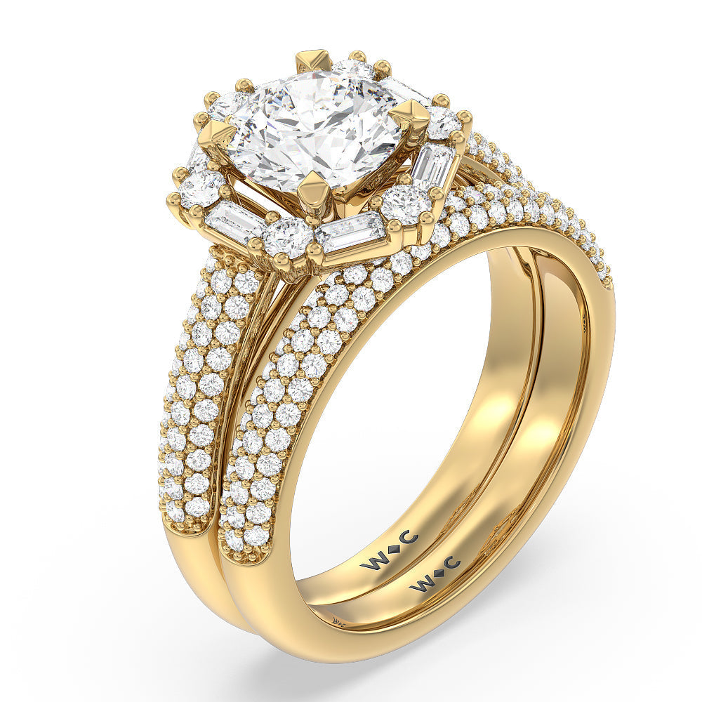 Baguette Halo Diamond Wedding Band with 18KT Yellow Gold Cut Diamond in 14KT Yellow Gold view 3
