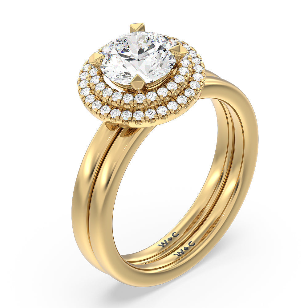 Saturn Double Halo Solitaire Wedding Band with 18KT Yellow Gold Cut Diamond in 14KT Yellow Gold view 3
