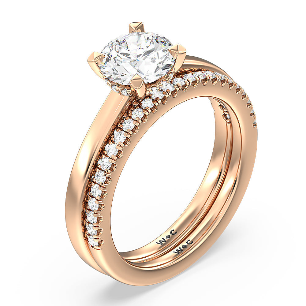 Aura Studded Crescent Shank Hidden Halo Solitaire Diamond Wedding Band with 18KT Rose Gold Cut Diamond in 14KT Rose Gold view 3
