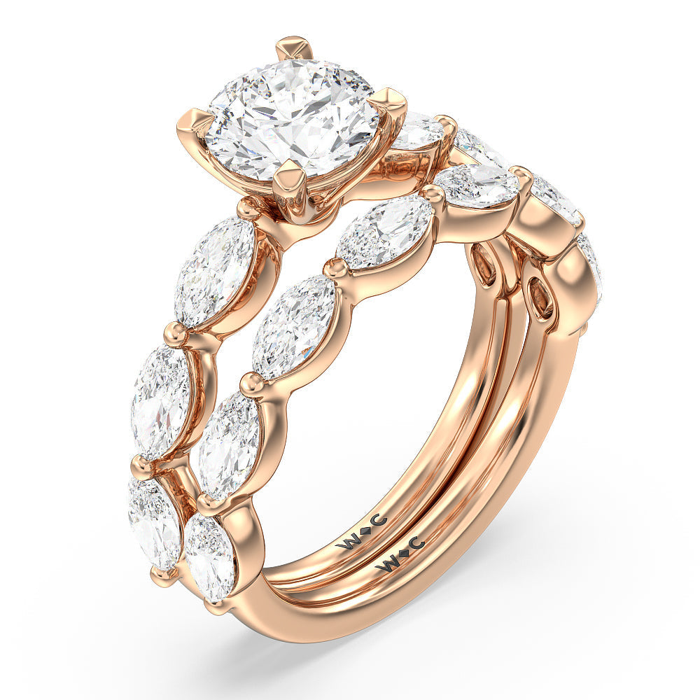 Glamorous Marquise Side Stone Solitaire Diamond Wedding Band with 18KT Rose Gold Cut Diamond in 14KT Rose Gold view 3

